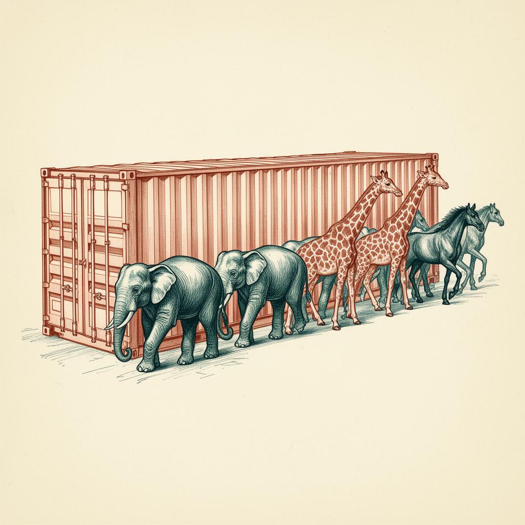 Vintage illustration of pairs of animals loading orderly into a shipping container.