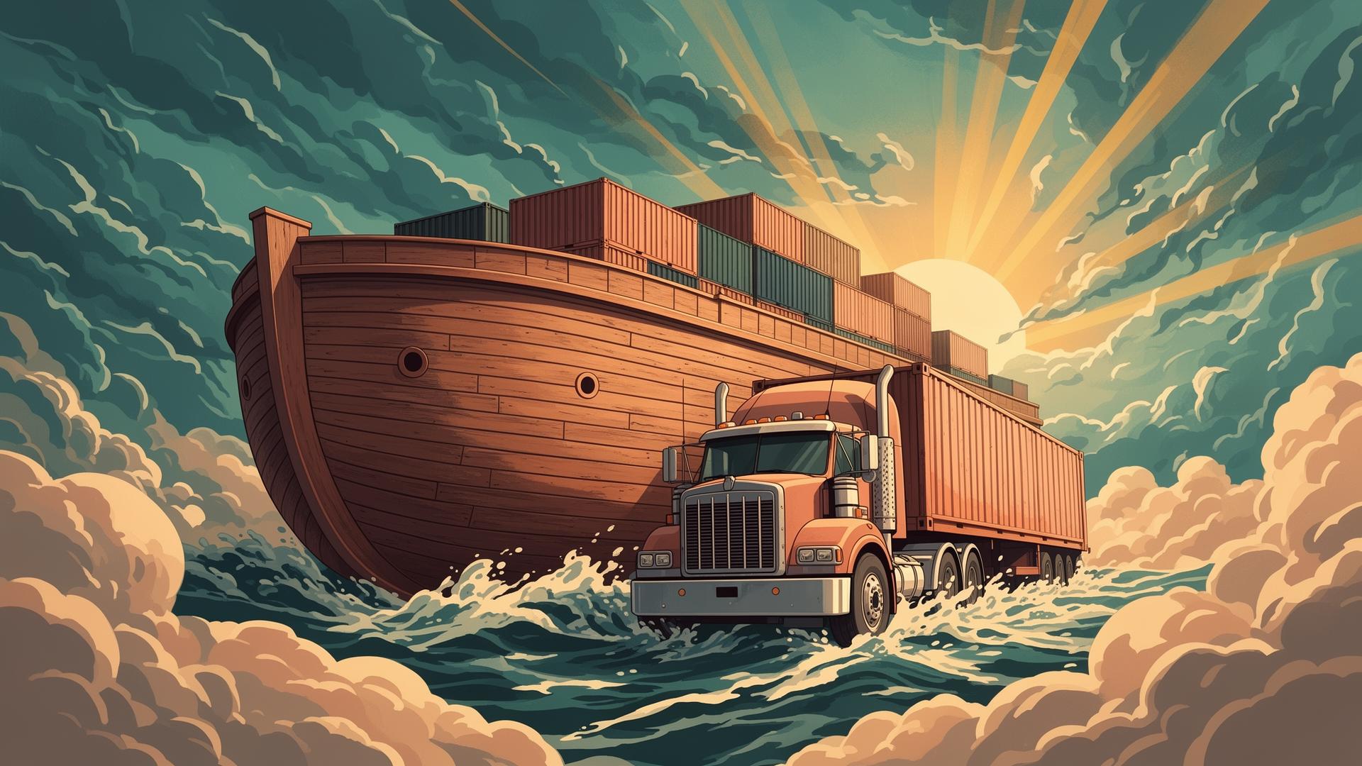 An ark-shaped cargo vessel carrying shipping containers sails through clouds toward a rising sun.